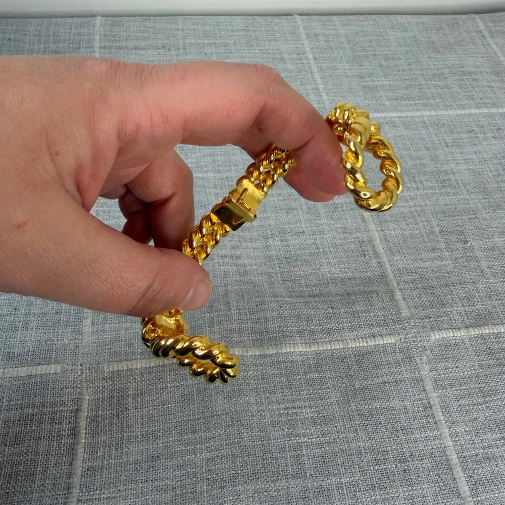 Kenneth Jay Lane KJL Twisted Rope Cuff Bracelet 60s 80s 90s Gold Tone Hinged